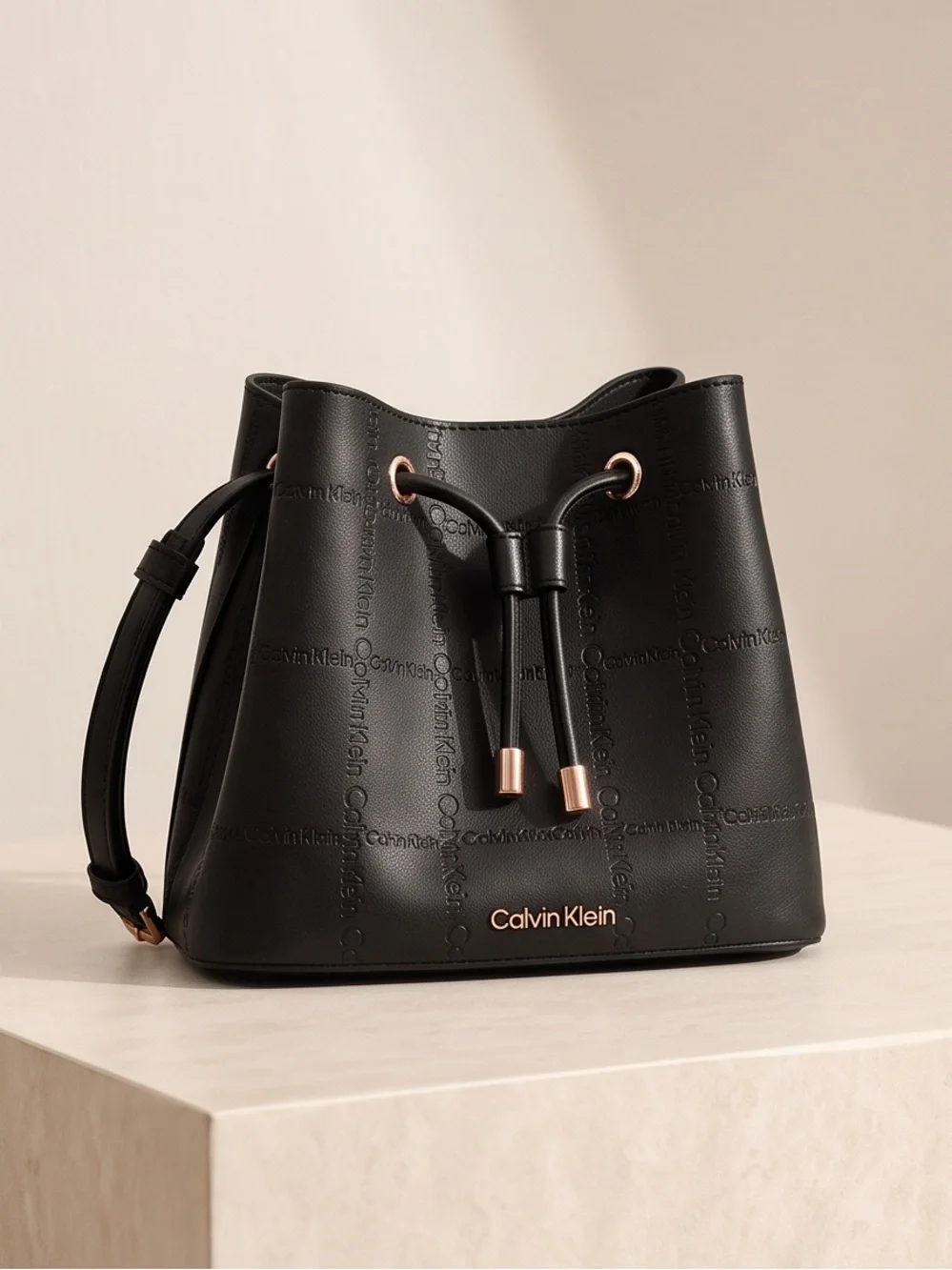 Calvin Klein Black Logo-Embossed Drawstring Bucket Bag